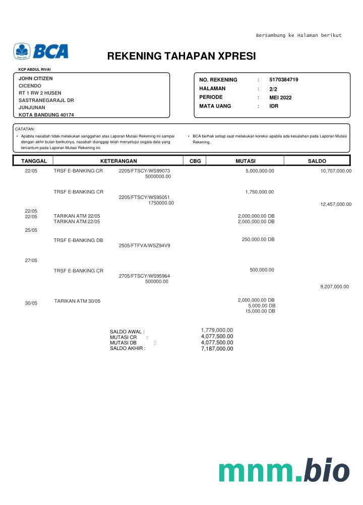 Szablon wyciągu bankowego INDONESIA BCA, format Word i PDF, Wersja 2